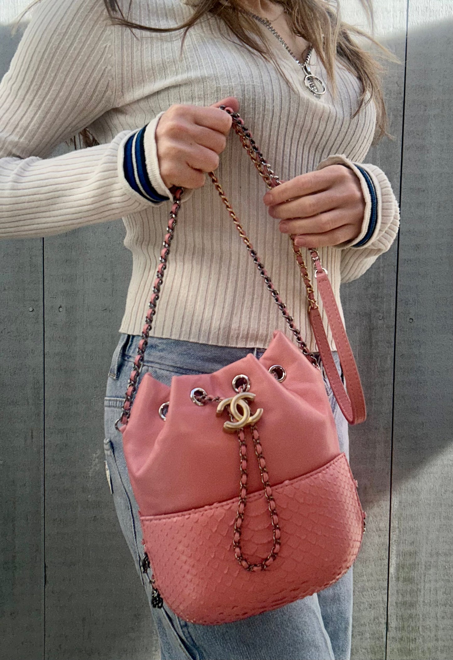 CHANEL Gabrielle Python Snakeskin Small Crossbody Bag in Rose Pink