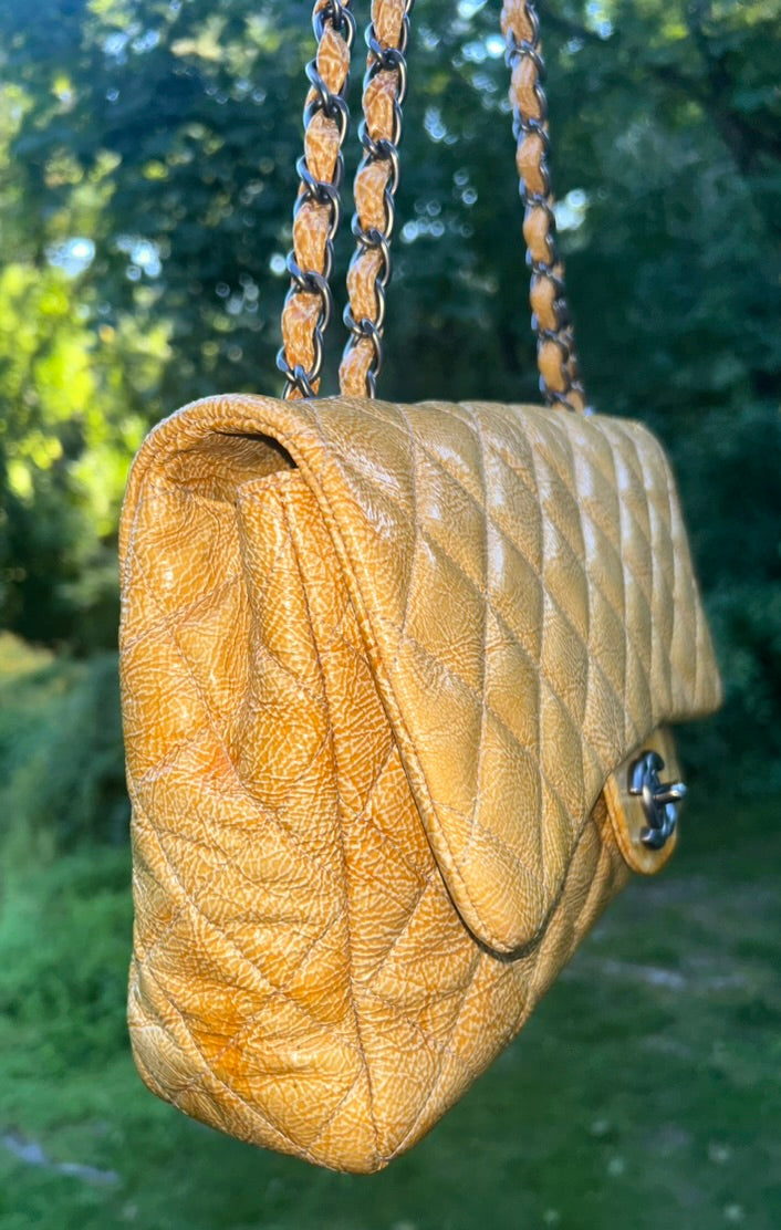 CHANEL Classic Jumbo Quilted Crinkled Patent Leather Handbag Golden Yellow