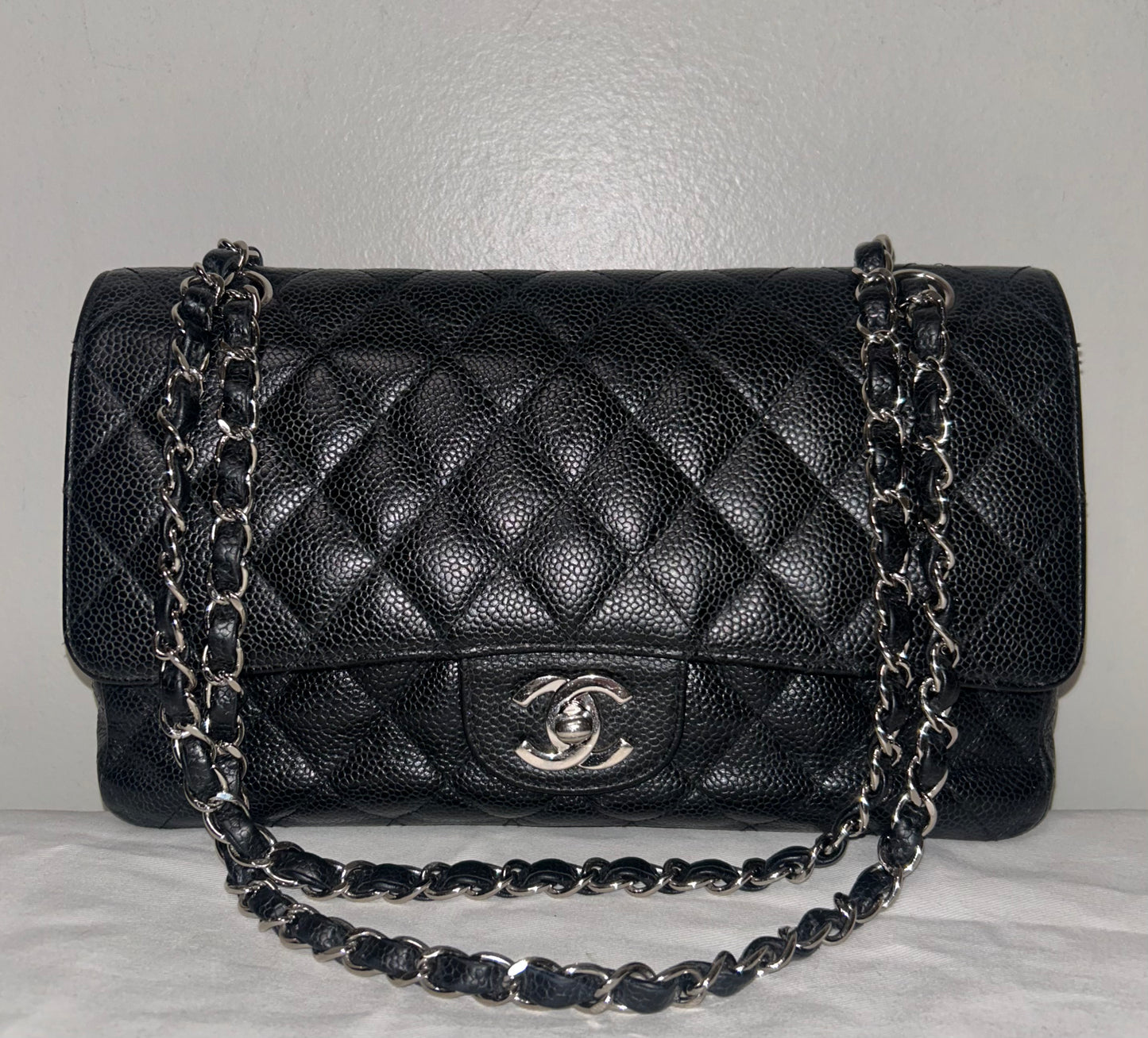 CHANEL Classic Medium Double Flap Quilted Caviar Leather Handbag Black