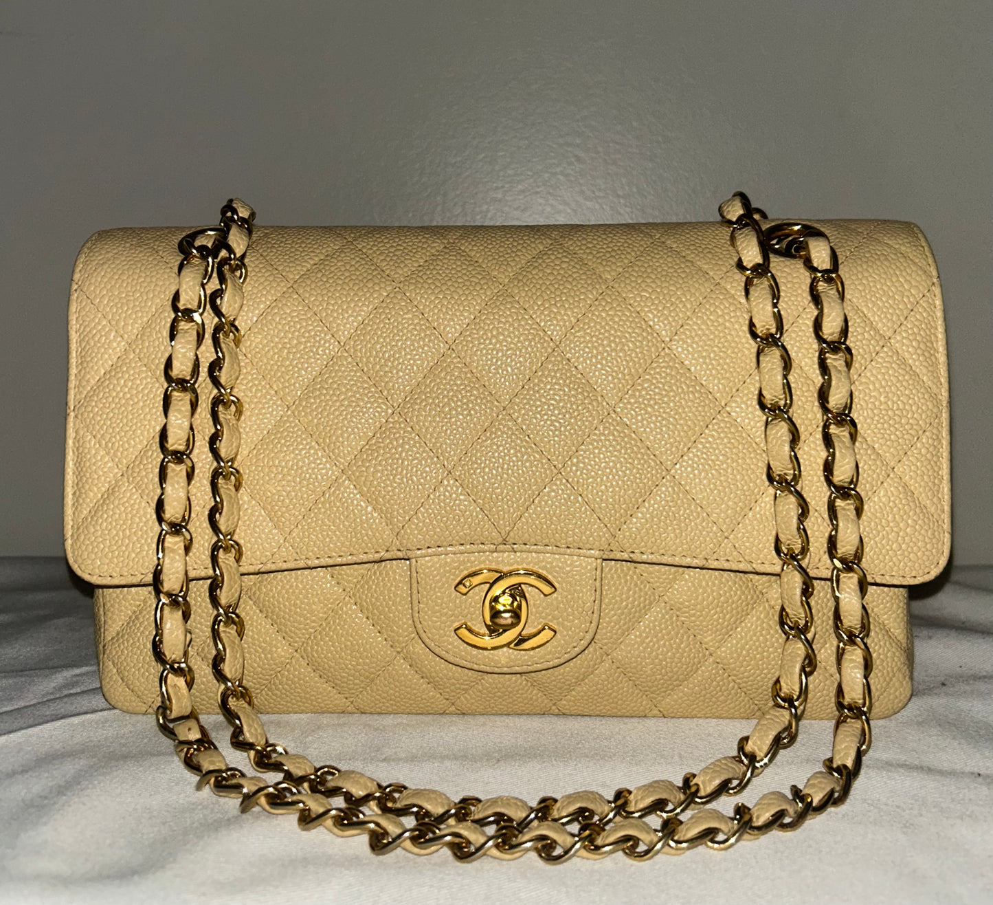 CHANEL Medium Classic Double Flap Caviar Quilted Handbag Beige Clair / 24k Gold