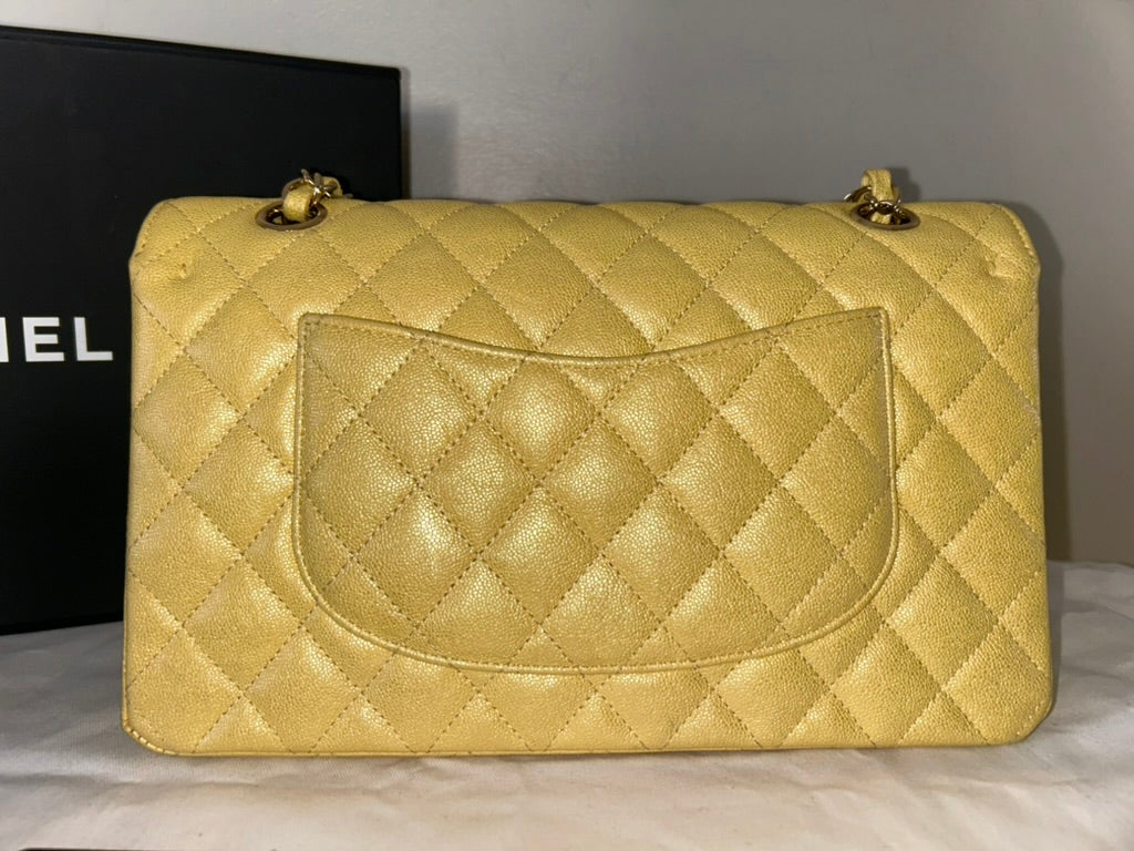 CHANEL Classic Iridescent Caviar Quilted Medium Double Flap Handbag Yellow