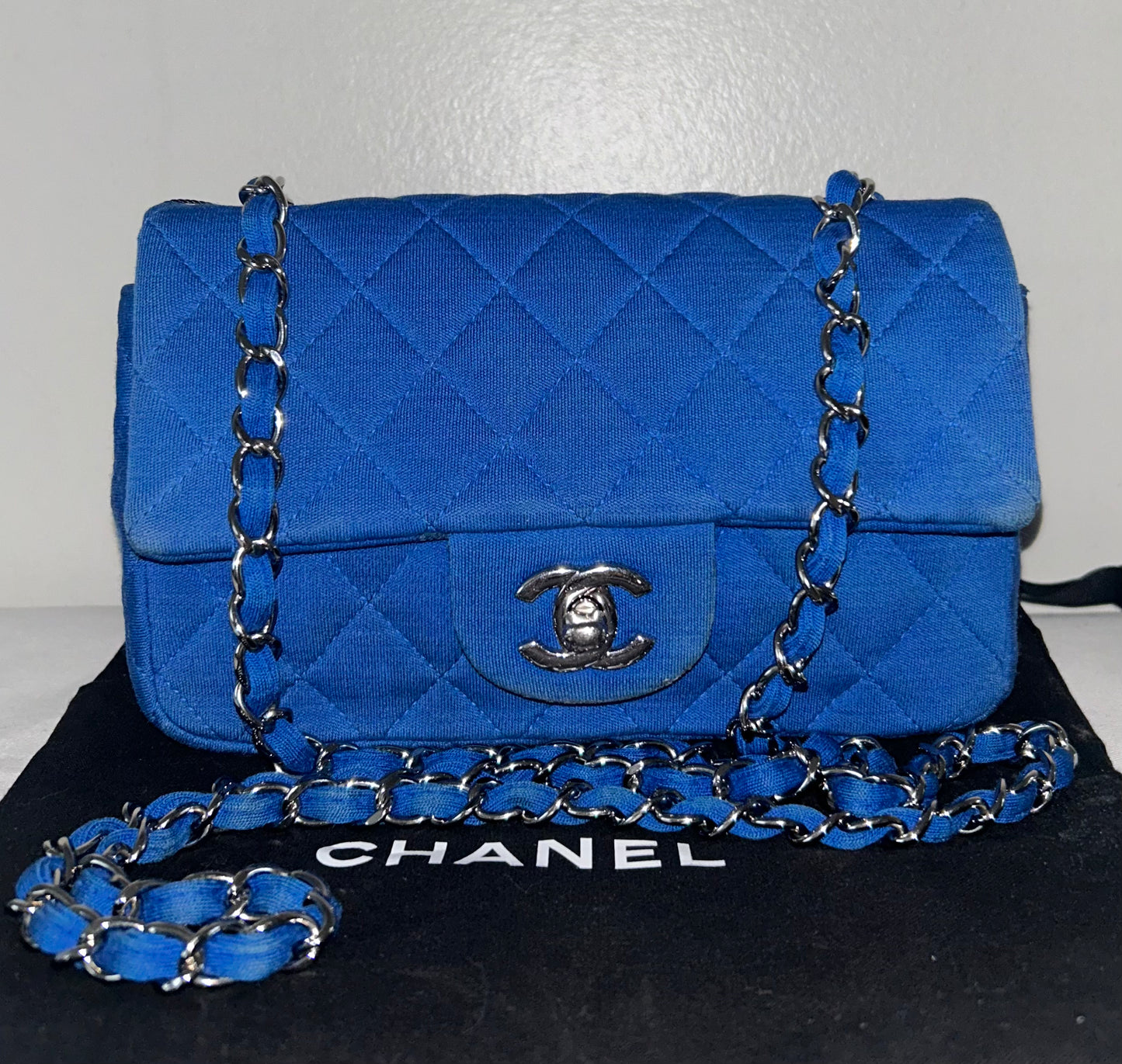 CHANEL Classic Mini Rectangular Single Flap Bag Quilted Jersey Blue