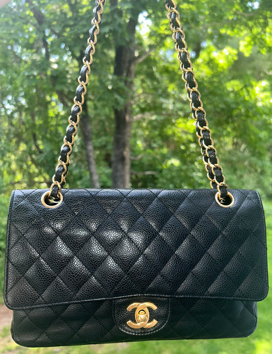 CHANEL Classic Medium Double Flap Quilted Caviar Leather Handbag Black/Gold