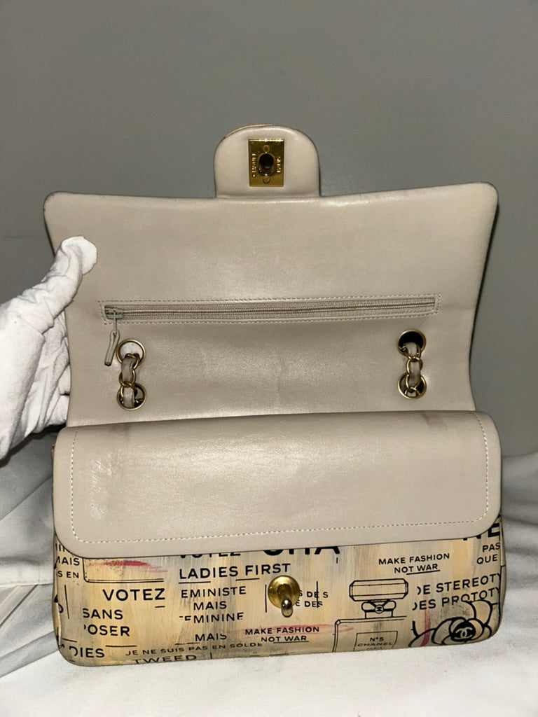 CHANEL Graffiti Newsprint Logo Medium Double Flap Lambskin Handbag Beige