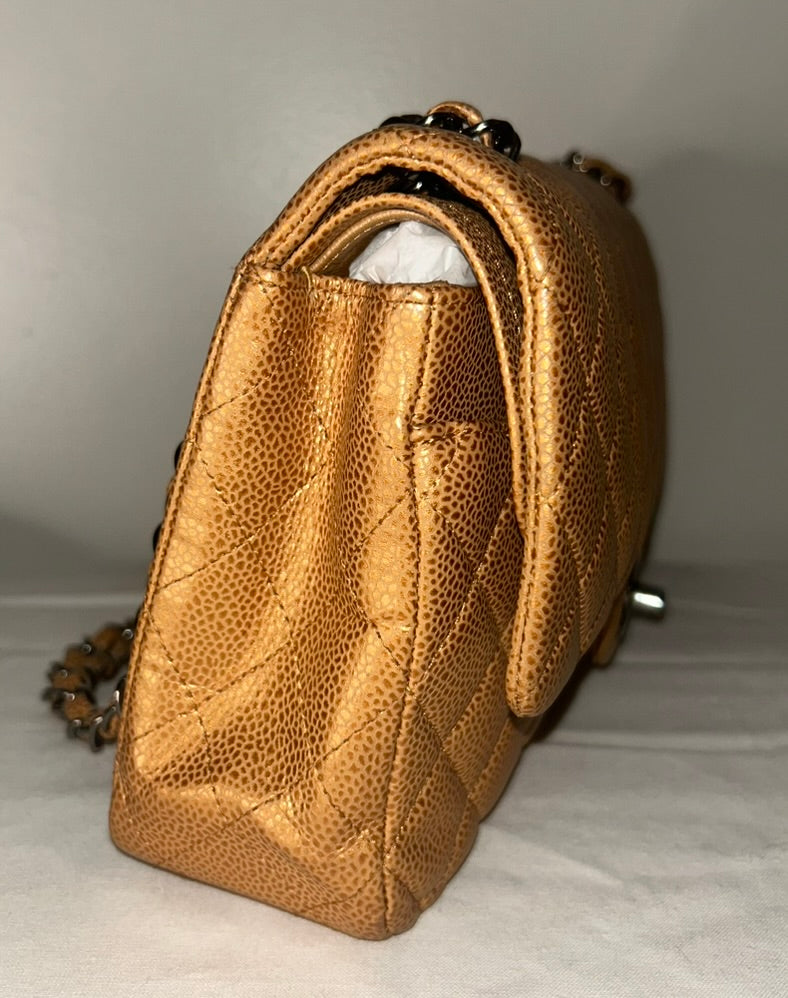 CHANEL Classic Medium Double Flap Metallic Caviar Leather Handbag Golden