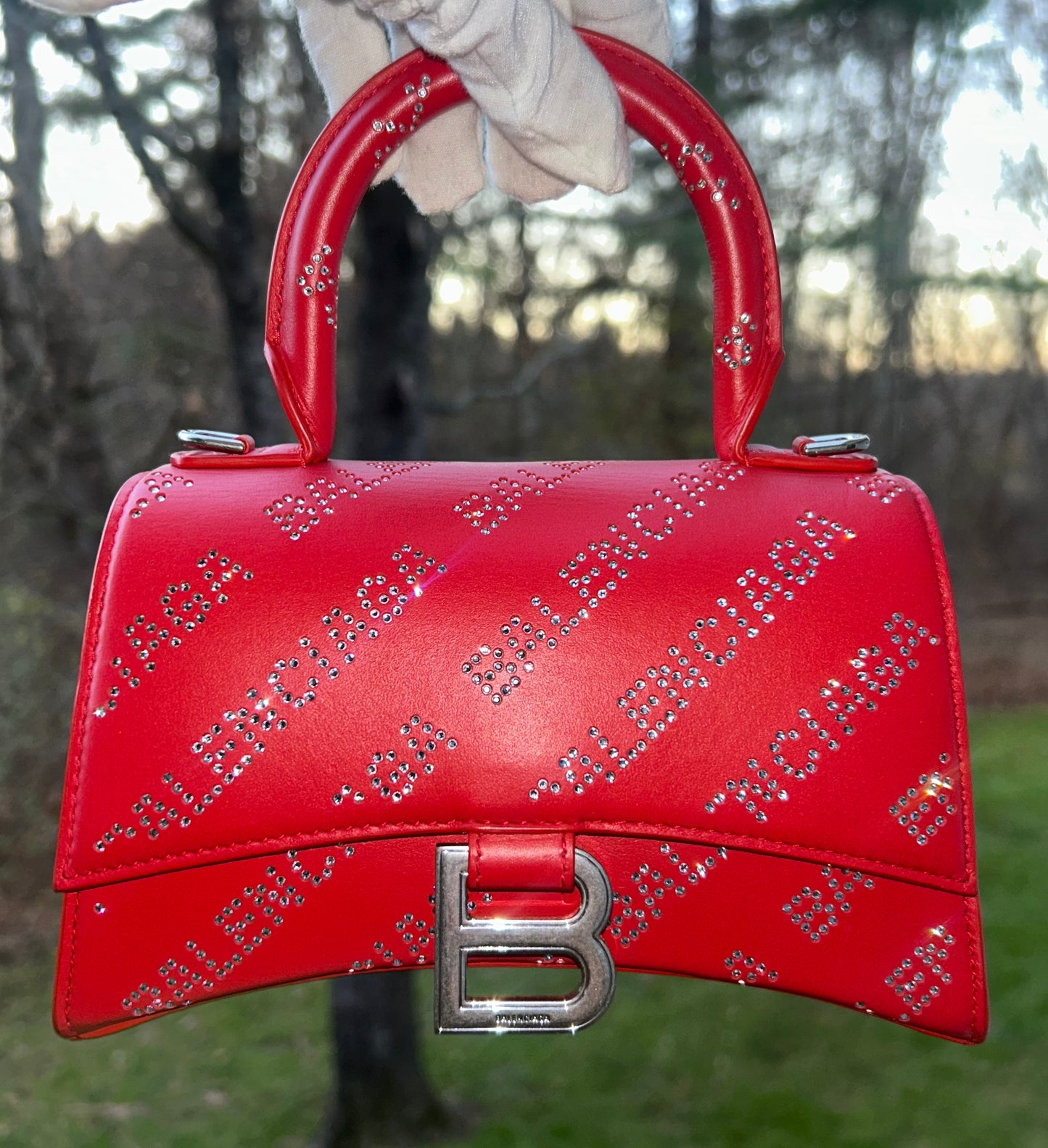 BALENCIAGA Hourglass XS Crystal Rhinestone Logo Leather Handbag Red