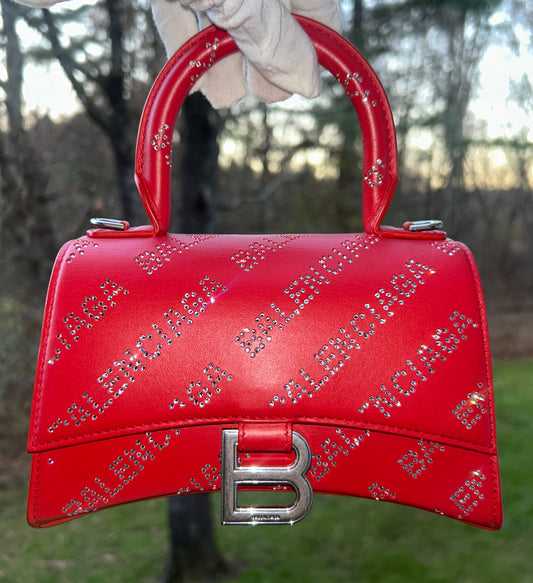 BALENCIAGA Hourglass XS Crystal Rhinestone Logo Leather Handbag Red