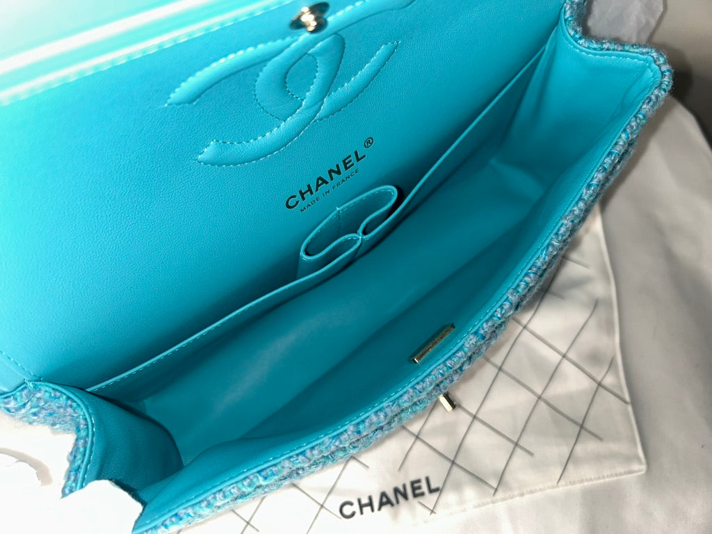 CHANEL 22K Tweed Quilted Medium Double Flap Bag Turquoise/ Gold Hardware