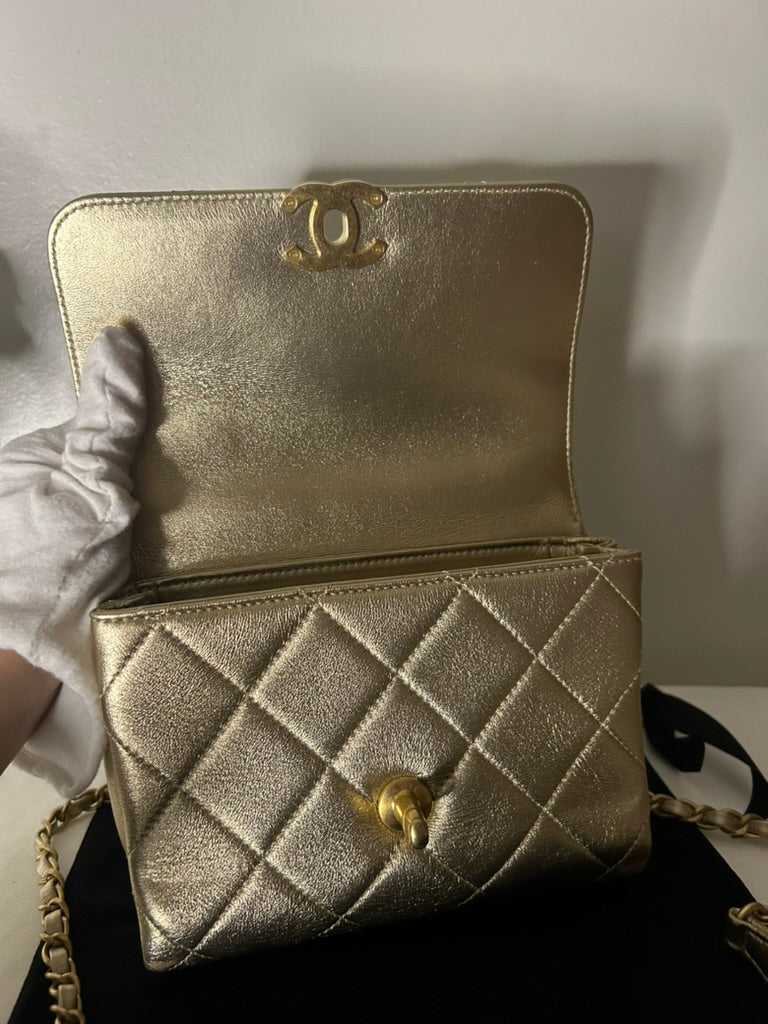 CHANEL CC Crystal Logo Metallic Mini Flap Bag Quilted Lambskin Gold