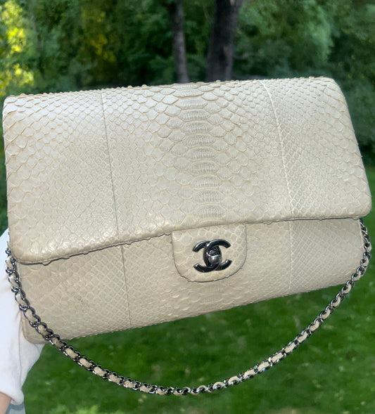 CHANEL Clutch With Chain Python Snakeskin Light Gray