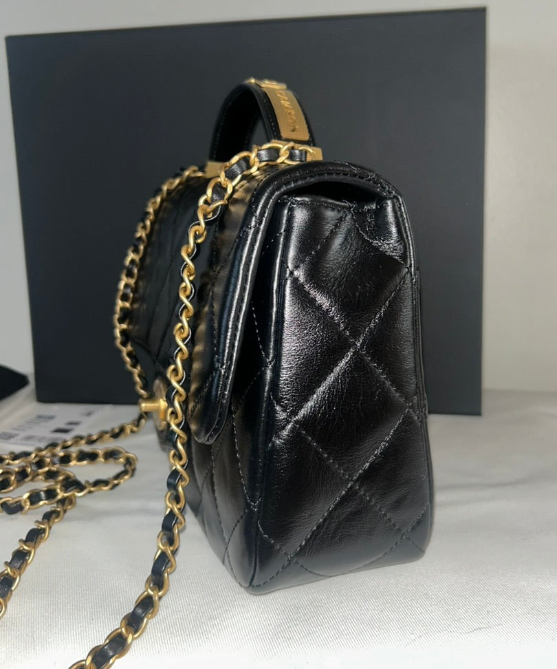 CHANEL 24P Top Handle Medium Flap Bag Lambskin Black Limited Edition NWT