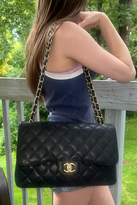 CHANEL Classic Jumbo Double Flap Quilted Caviar Leather Handbag Black/Gold