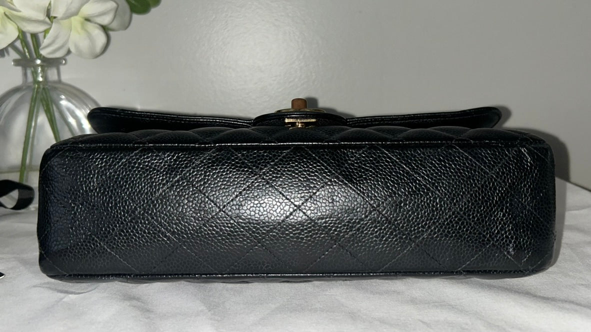 CHANEL Medium Classic Double Flap Caviar Quilted Handbag Black / Gold