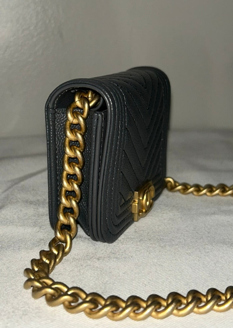 CHANEL Boy Chevron Quilted Caviar Leather Belt Bag in Dark Gray