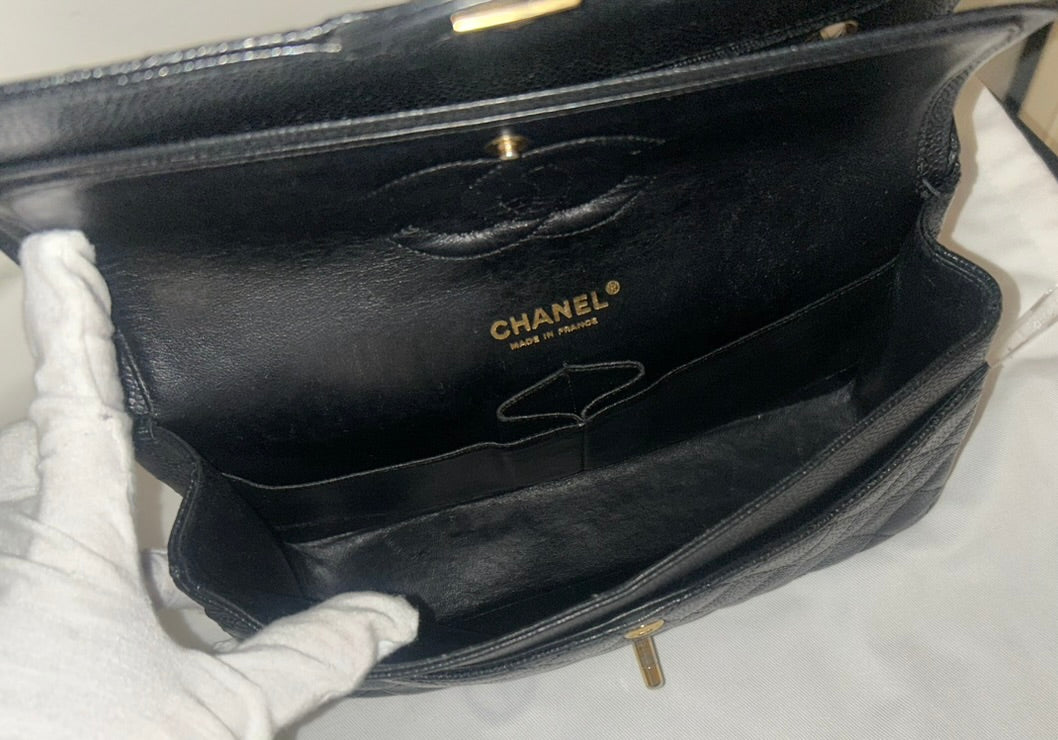 CHANEL Medium Classic Double Flap Caviar Quilted Handbag Black / Gold