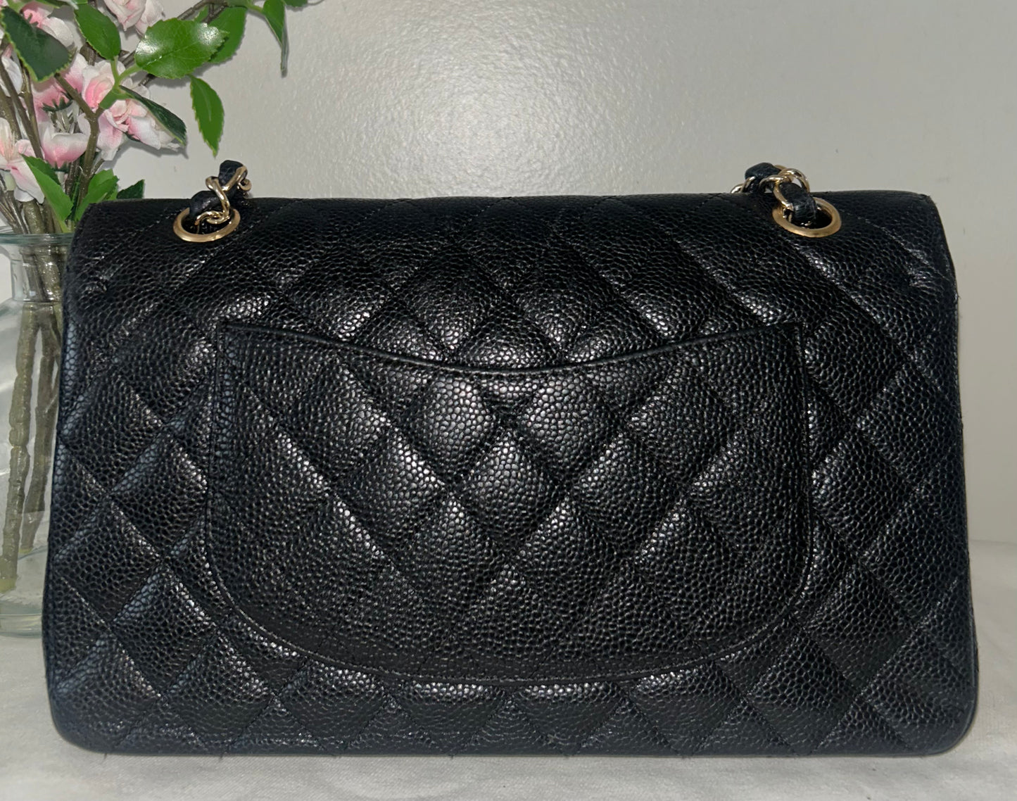CHANEL Medium Classic Double Flap Caviar Quilted Handbag Black / Gold