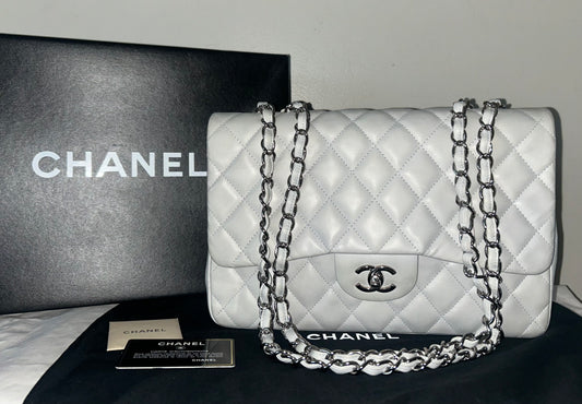 CHANEL Classic Jumbo Single Flap Quilted Lambskin Leather Bag Light Blue Gray