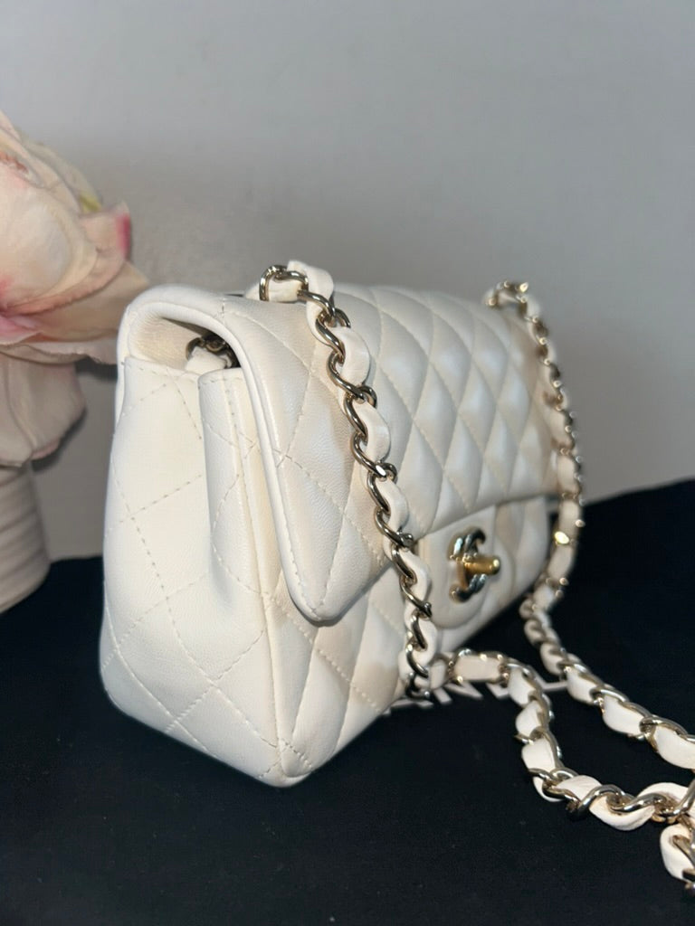 CHANEL Classic Mini Rectangular Flap Bag Quilted Lambskin Leather White/Gold