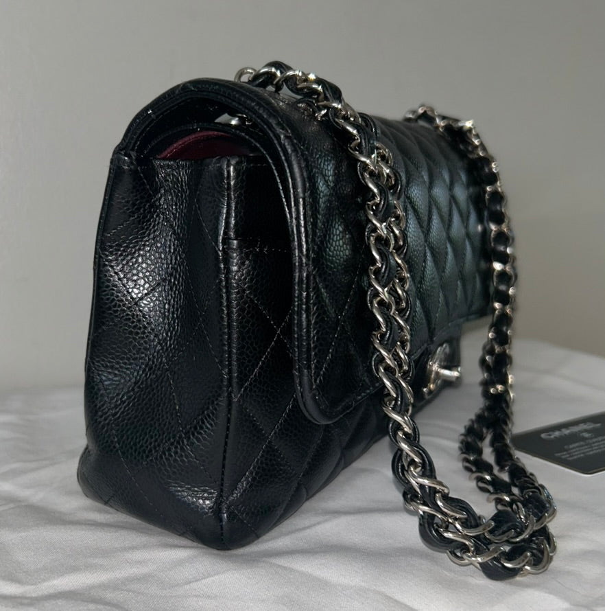 CHANEL Classic Medium Double Flap Quilted Caviar Leather Handbag Black