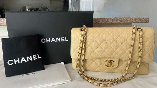 CHANEL Medium Classic Double Flap Caviar Quilted Handbag Beige Clair / 24k Gold