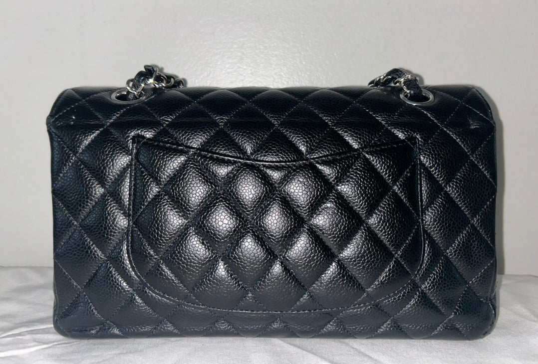 CHANEL Classic Medium Double Flap Quilted Caviar Leather Handbag Black