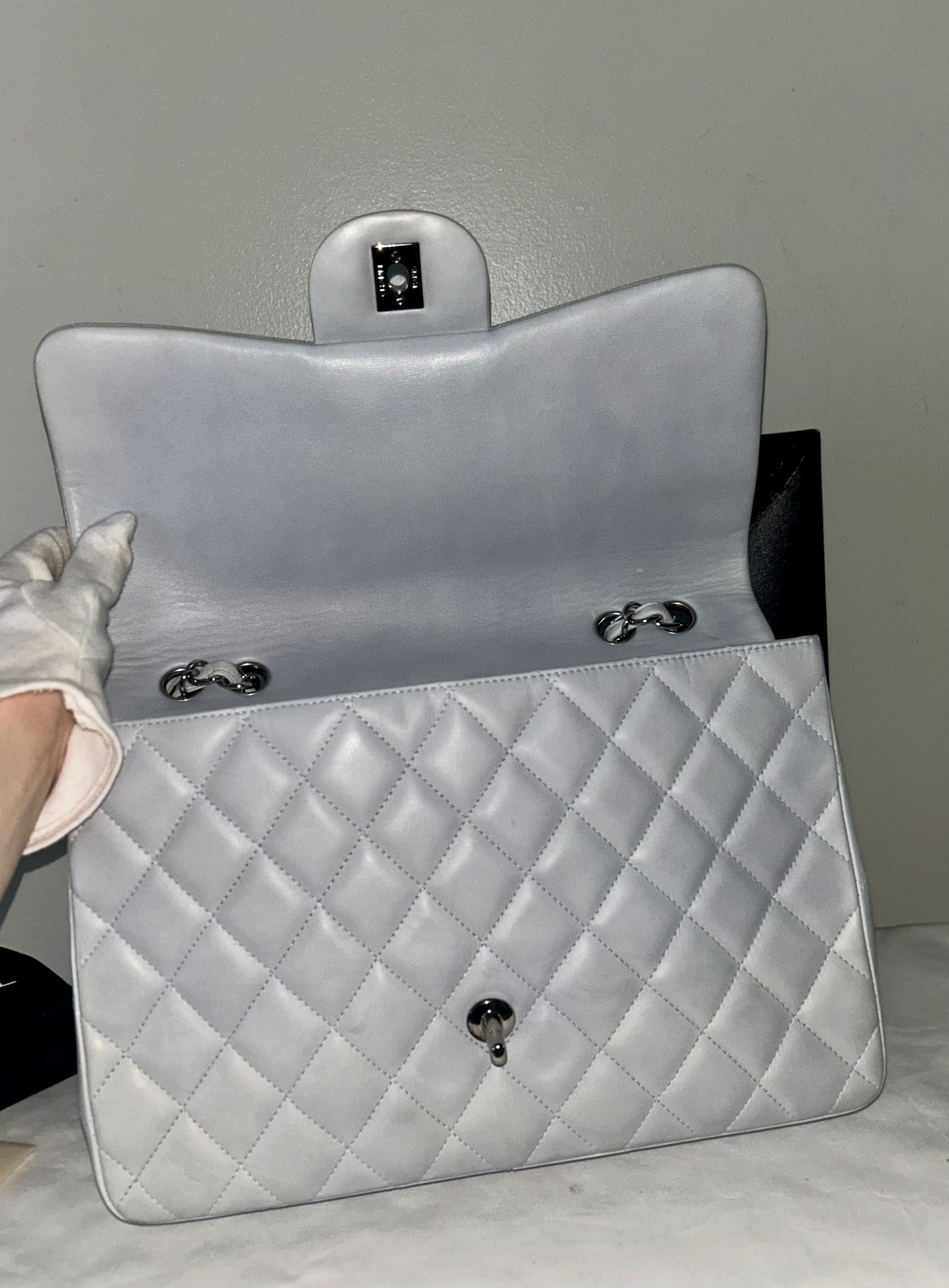 CHANEL Classic Jumbo Single Flap Quilted Lambskin Leather Bag Light Blue Gray