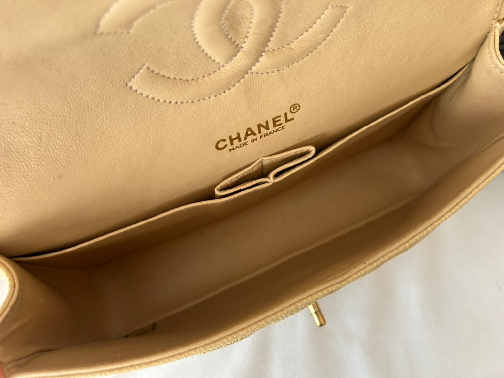 CHANEL Medium Classic Double Flap Caviar Quilted Handbag Beige Clair / 24k Gold