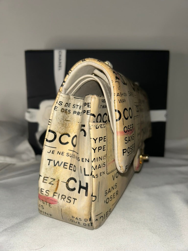 CHANEL Graffiti Newsprint Logo Medium Double Flap Lambskin Handbag Beige