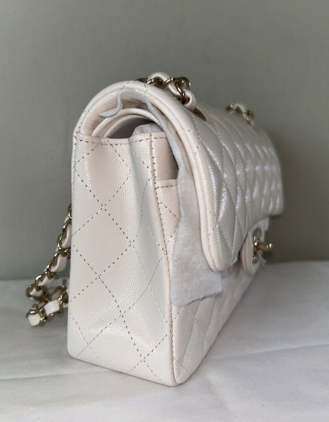 CHANEL Small Classic Double Flap Caviar Handbag White / Light Gold