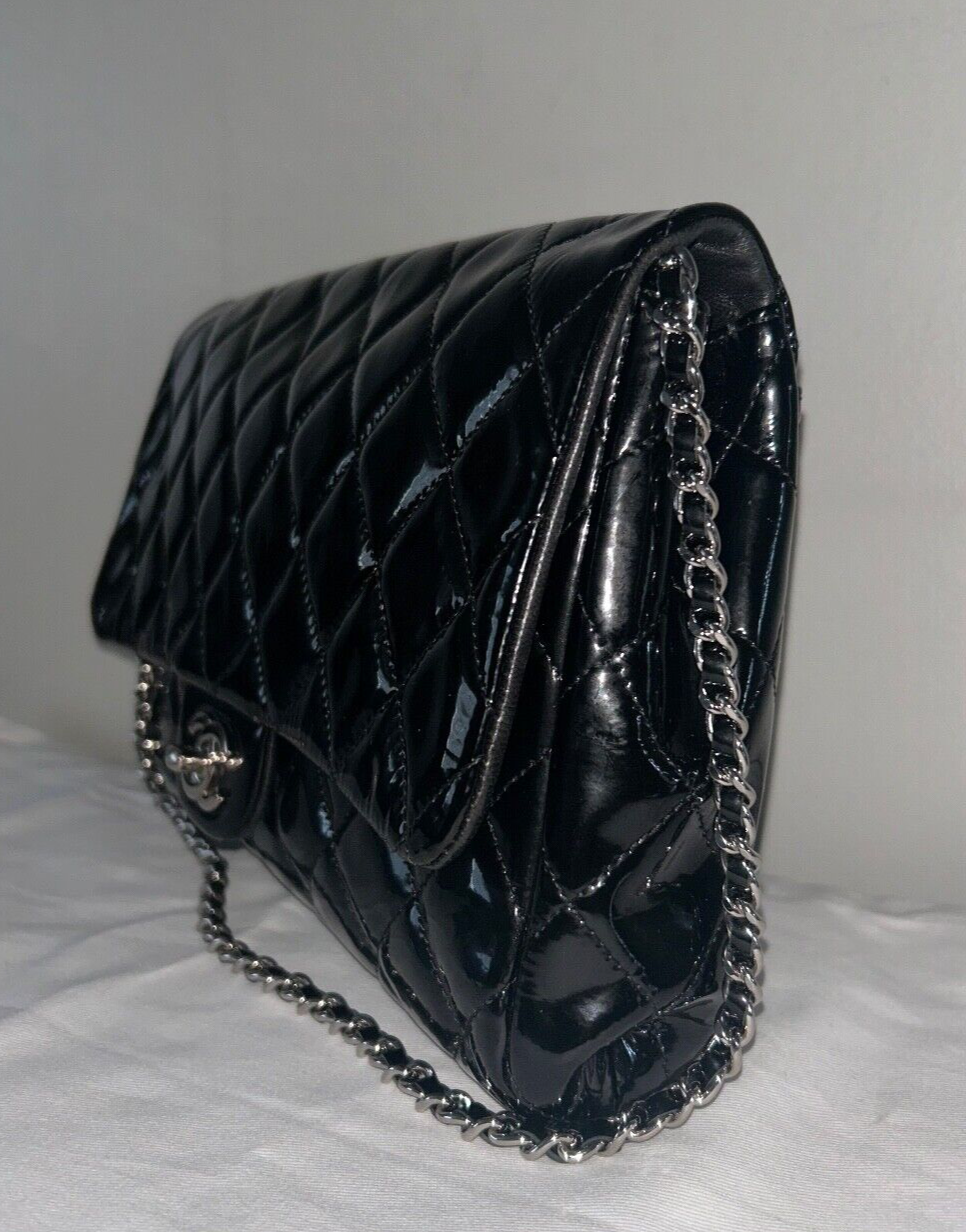 CHANEL Classic CC Quilted Flap Shoulder Bag Patent Leather Black