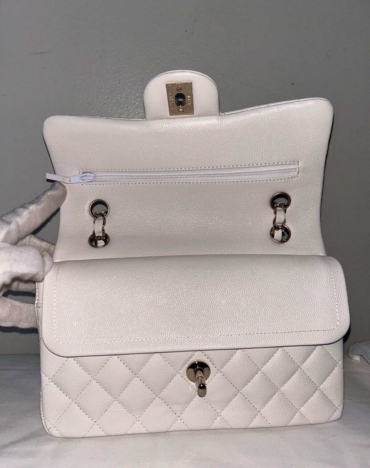 CHANEL Small Classic Double Flap Caviar Handbag White / Light Gold