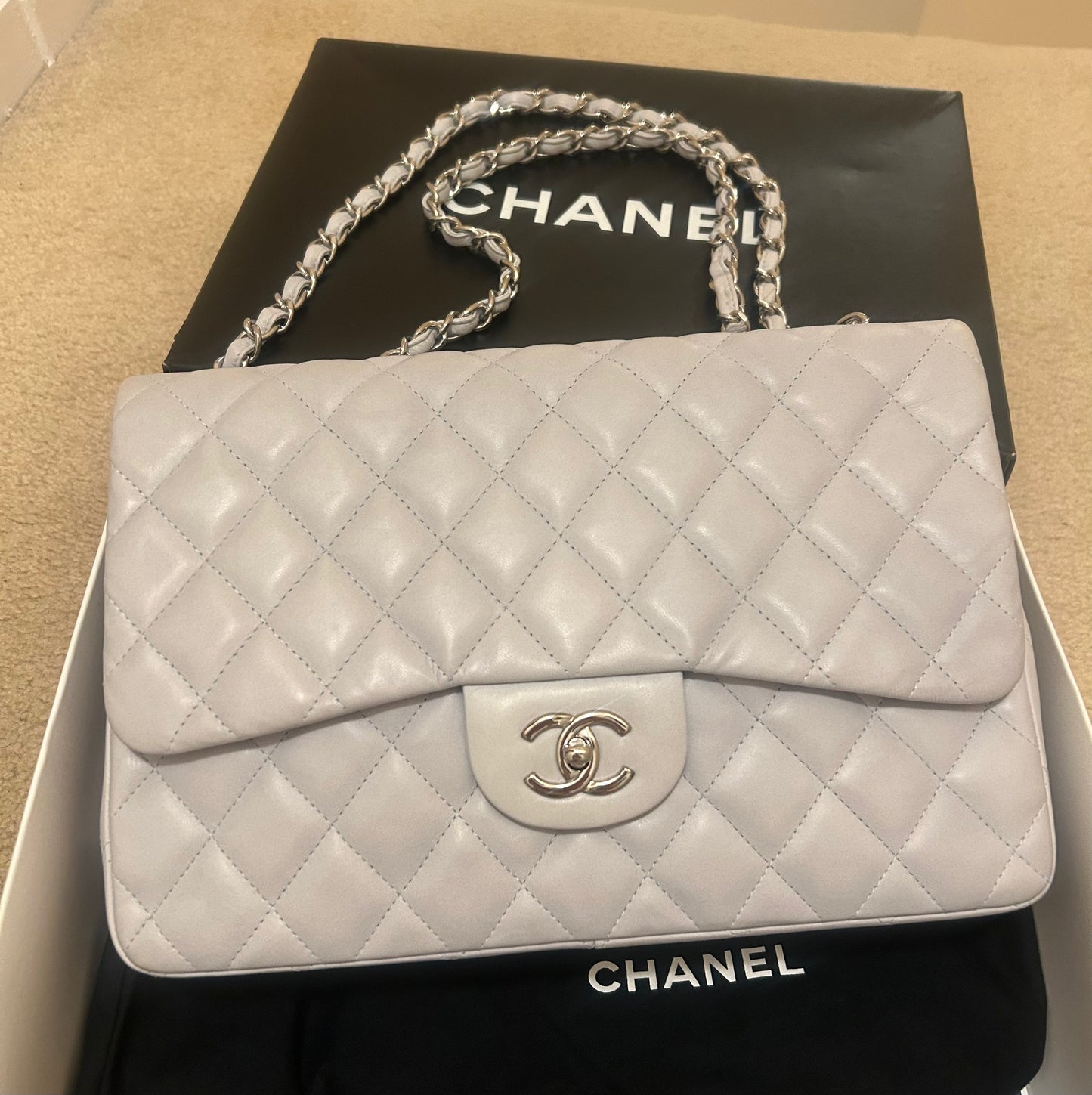 CHANEL Classic Jumbo Single Flap Quilted Lambskin Leather Bag Light Blue Gray
