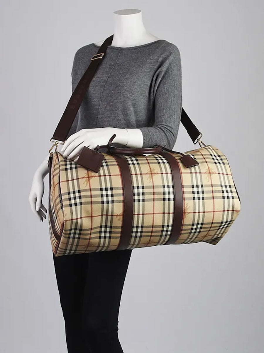 BURBERRY Haymarket Check Coated Canvas Large Travel Duffle Bag Brown Beige