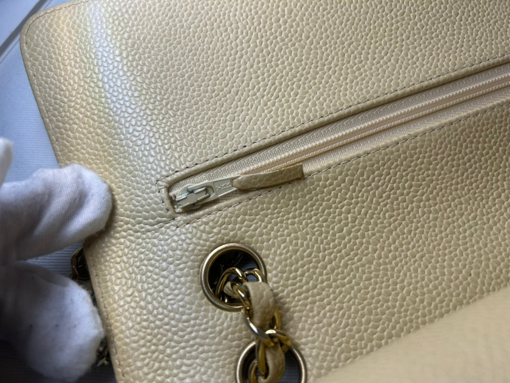 CHANEL Medium Classic Double Flap Caviar Quilted Handbag Beige Clair / 24k Gold