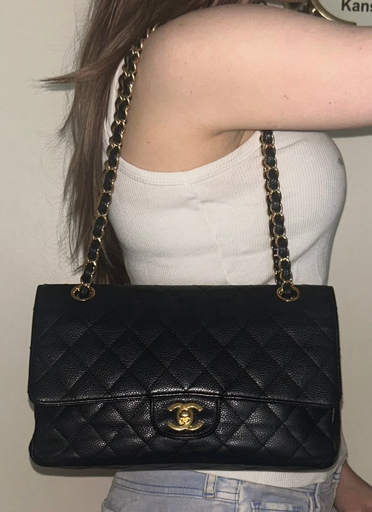 CHANEL Classic Medium Double Flap Quilted Caviar Leather Handbag Black/Gold