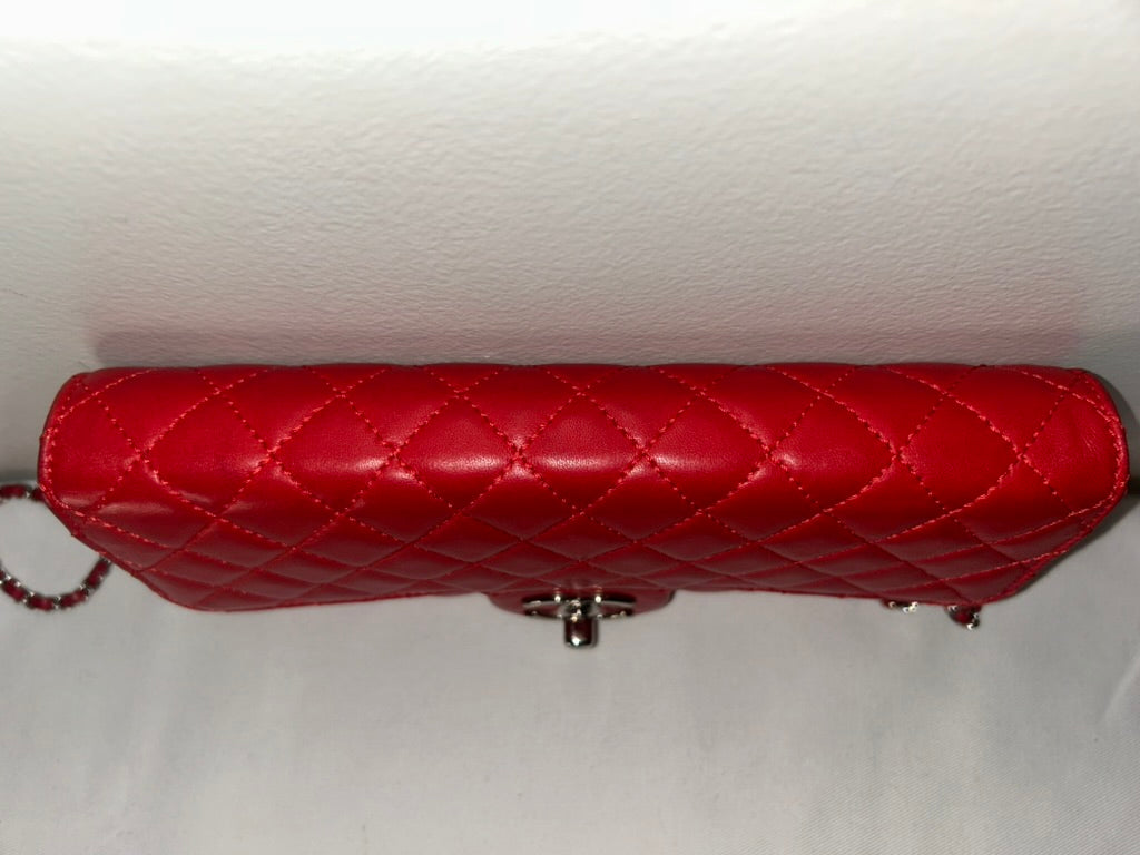 CHANEL Classic Quilted Lambskin Leather East West Shoulder Bag Red