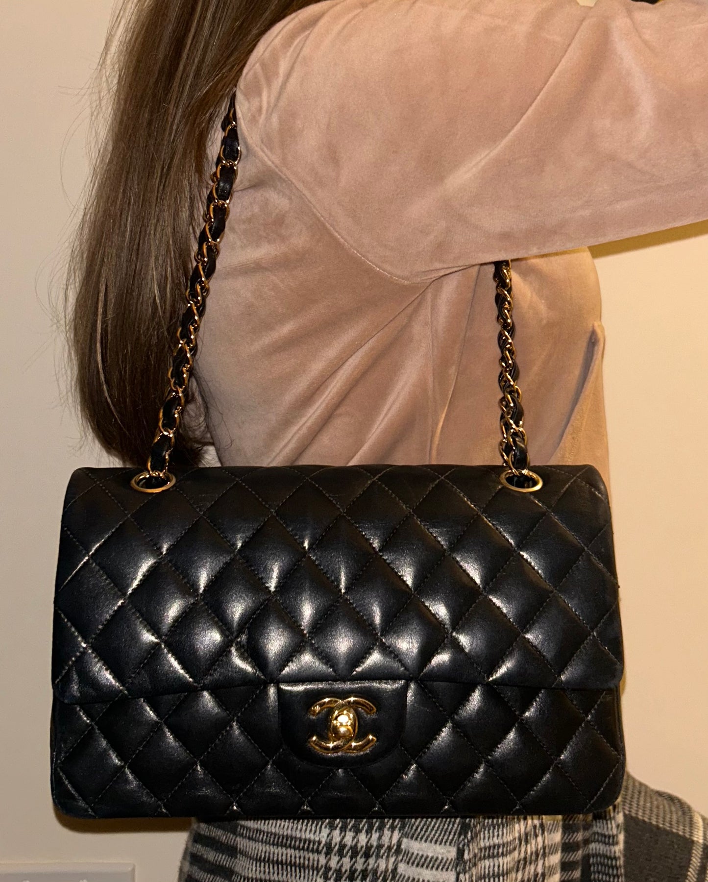 CHANEL Classic Medium Double Flap Lambskin Quilted Handbag Black/Gold