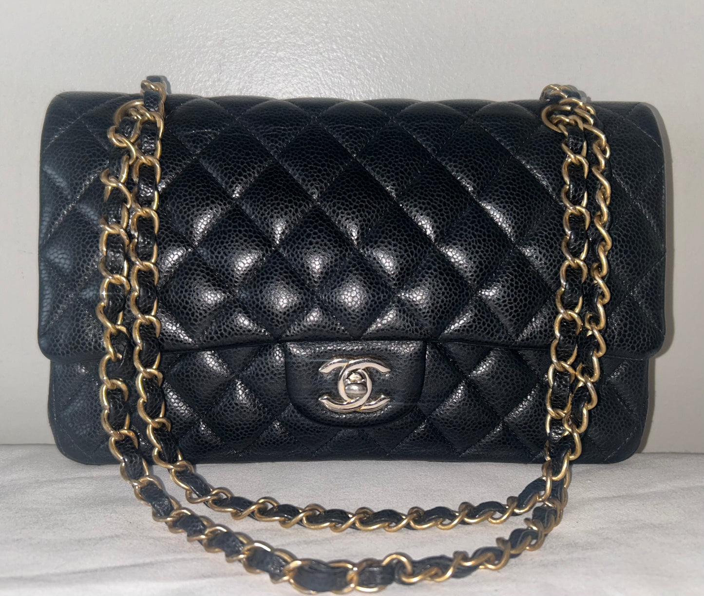 CHANEL Classic Medium Double Flap Quilted Caviar Handbag Black/Gold