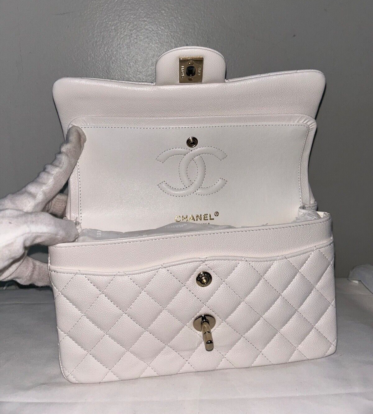 CHANEL Small Classic Double Flap Caviar Handbag White / Light Gold