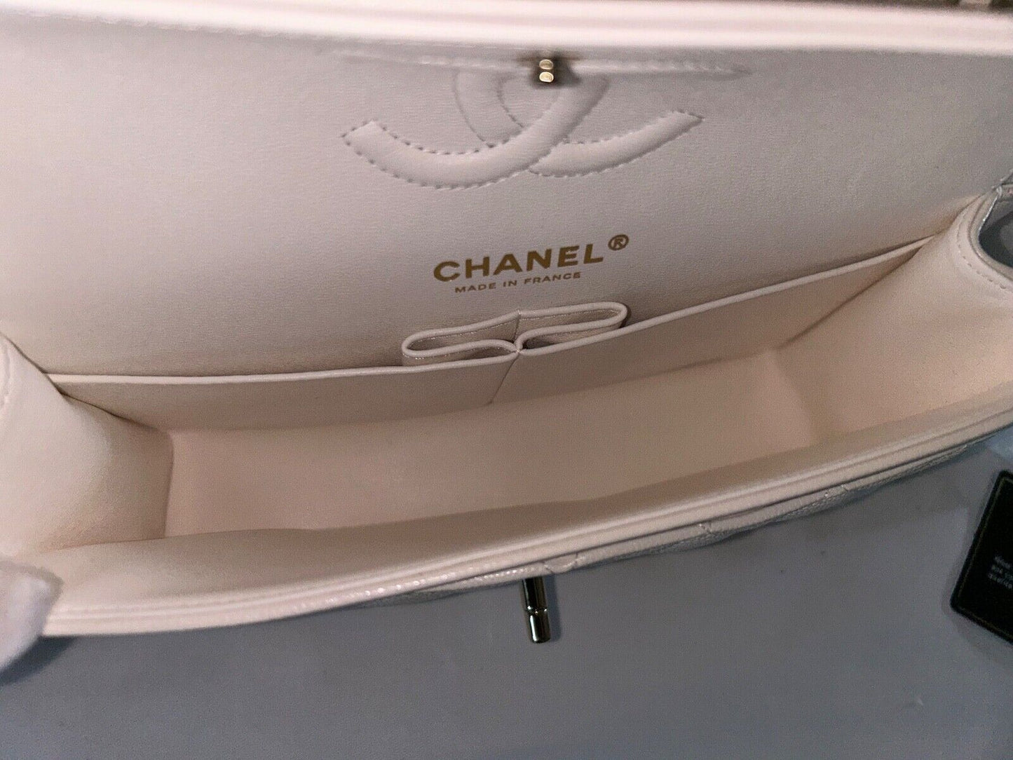 CHANEL Small Classic Double Flap Caviar Handbag White / Light Gold