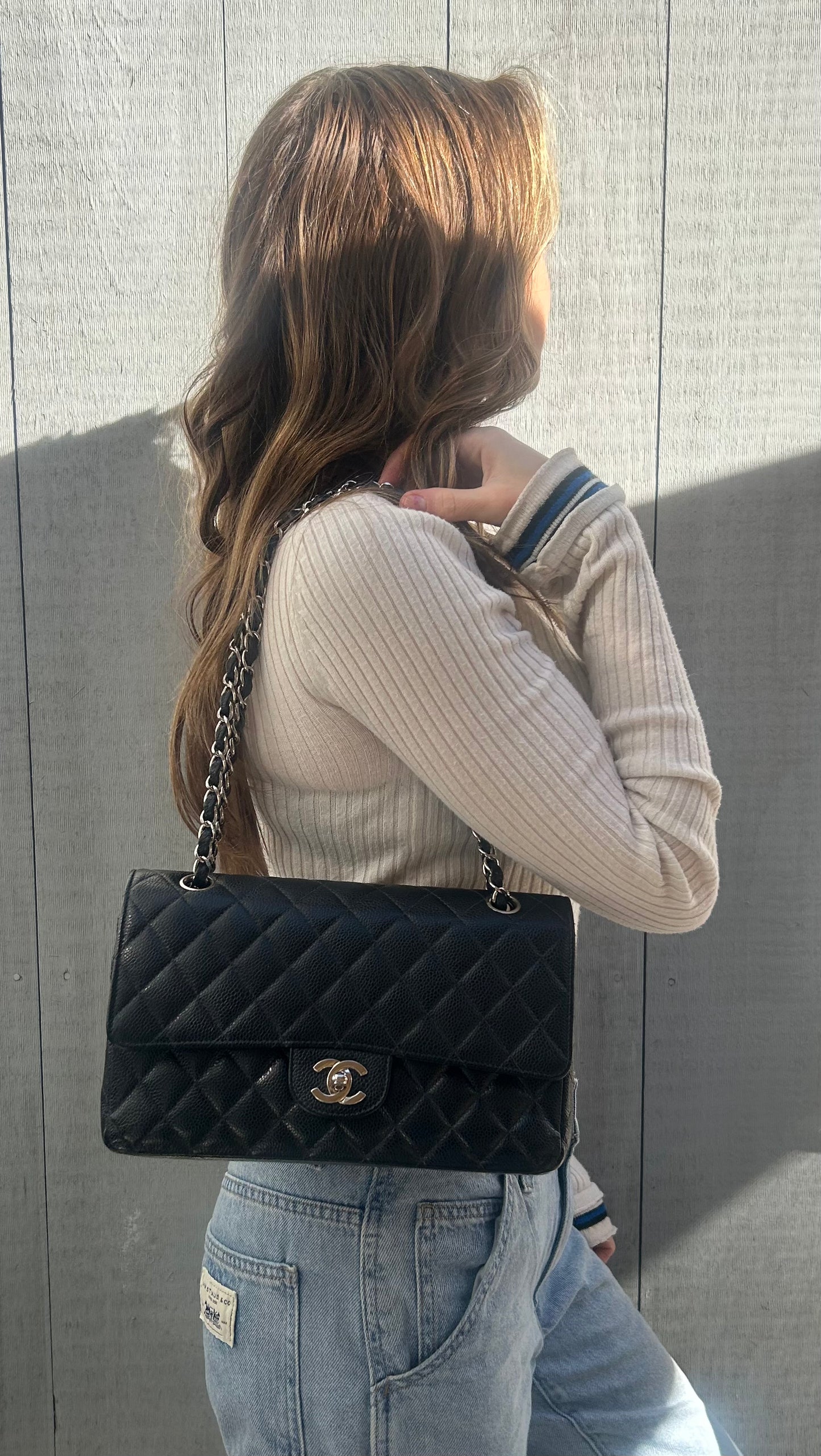 CHANEL Medium Classic Double Flap Caviar Quilted Handbag Black