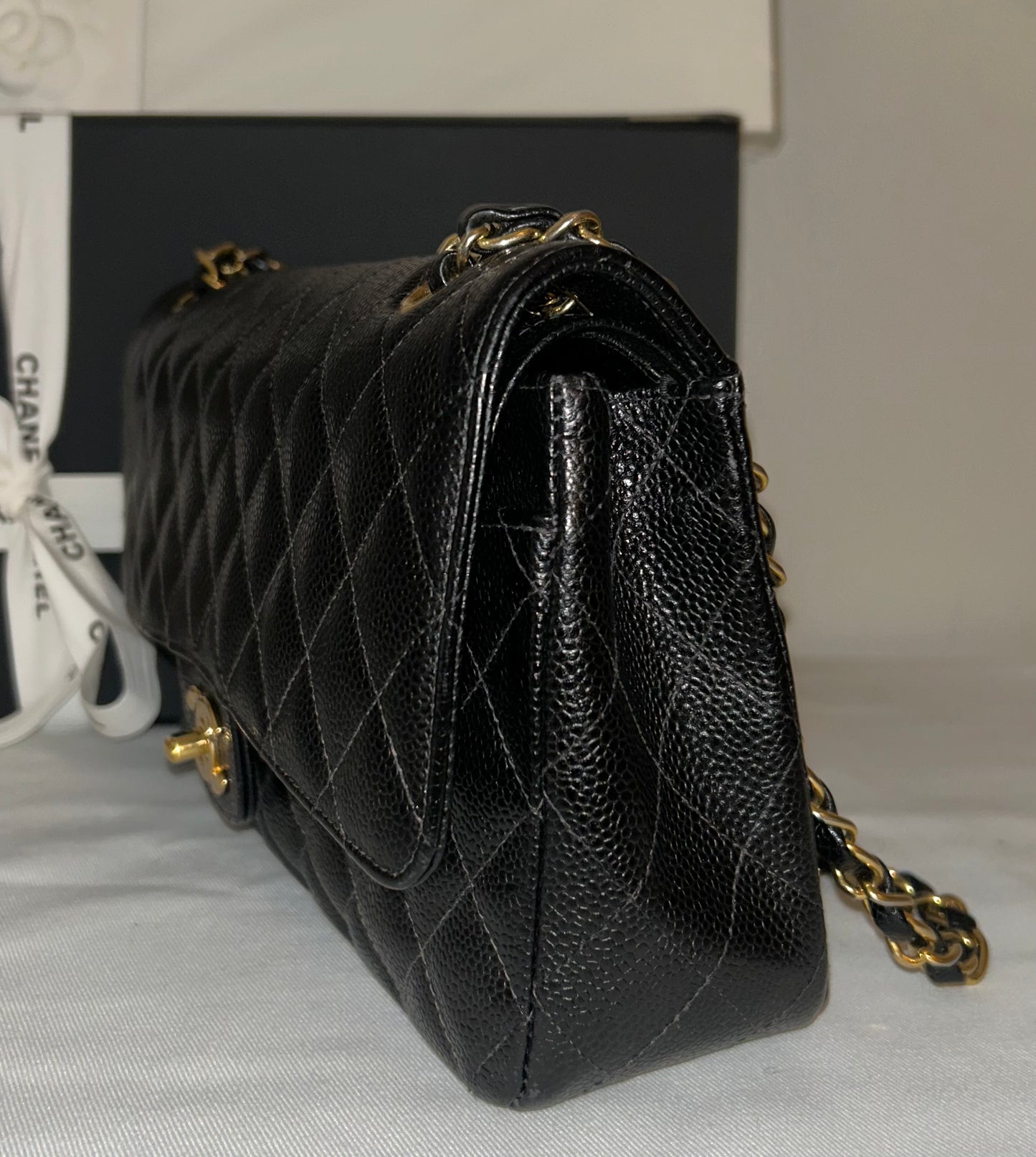 CHANEL Medium Classic Double Flap Caviar Quilted Handbag Black / 24k Gold