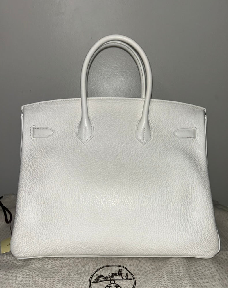 HERMÈS Birkin 35 Blanc White Clemence Leather Gold Hardware Handbag