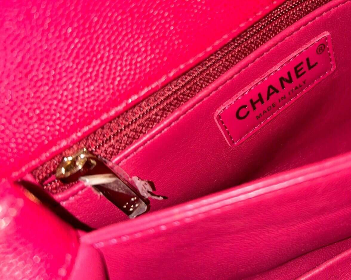 CHANEL 21A Quilted Caviar Mini Coco Handle Flap Bag Raspberry/Light Gold