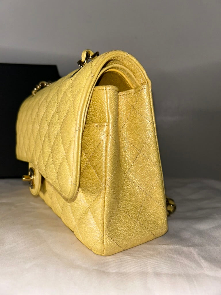 CHANEL Classic Iridescent Caviar Quilted Medium Double Flap Handbag Yellow