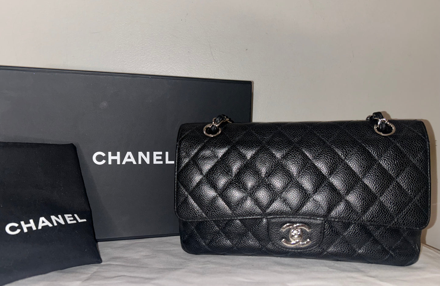 CHANEL Classic Medium Double Flap Quilted Caviar Leather Handbag Black