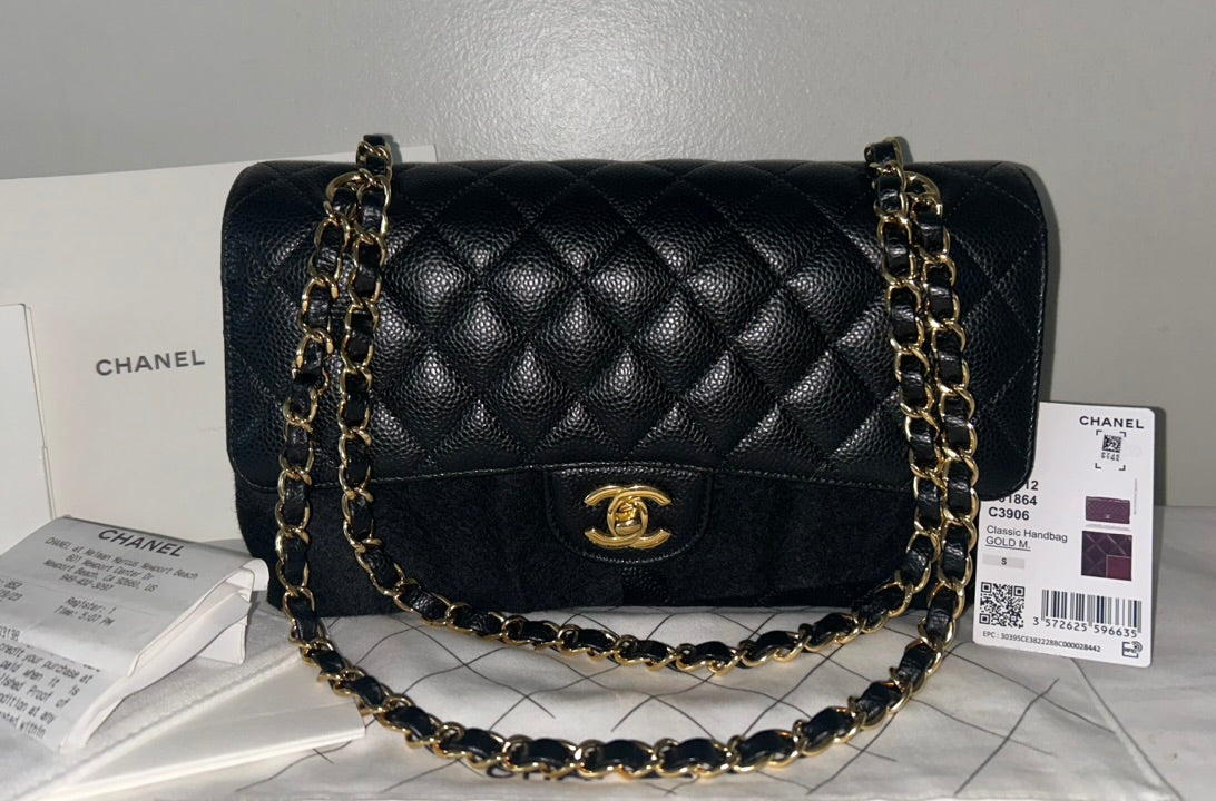 CHANEL 23S Classic 11.12 Medium Double Flap Caviar Handbag Black/Gold