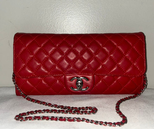 CHANEL Classic Quilted Lambskin Leather East West Shoulder Bag Red
