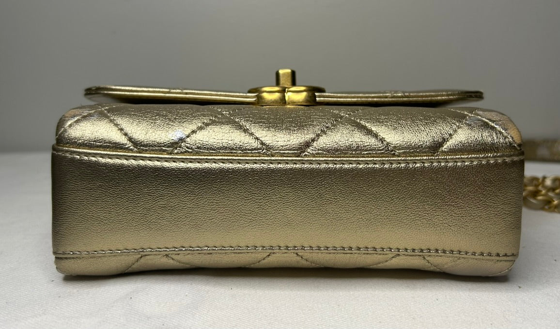 CHANEL CC Crystal Logo Metallic Mini Flap Bag Quilted Lambskin Gold