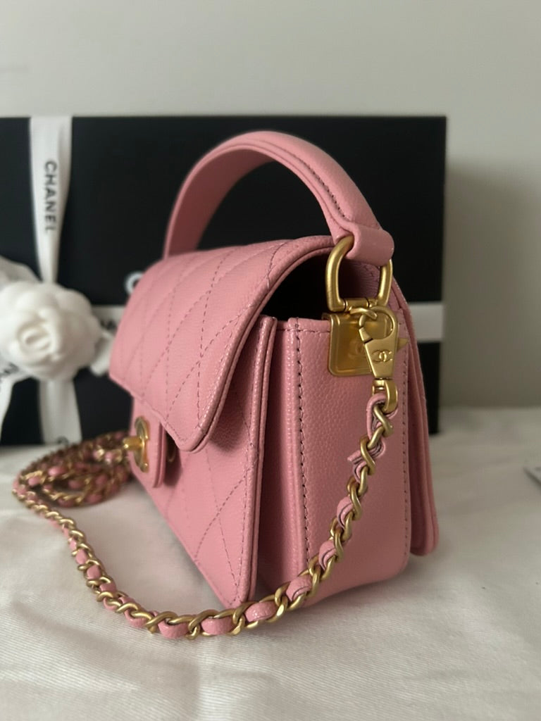 NEW! CHANEL 24K Mini Top Handle Flap Bag Quilted Caviar Light Pink / Gold HW